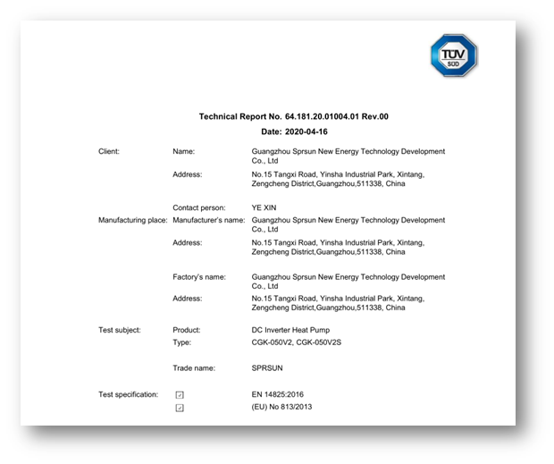 TÜV-Testbericht – SPRSUN A+++ DC-Inverter-Wärmepumpe
